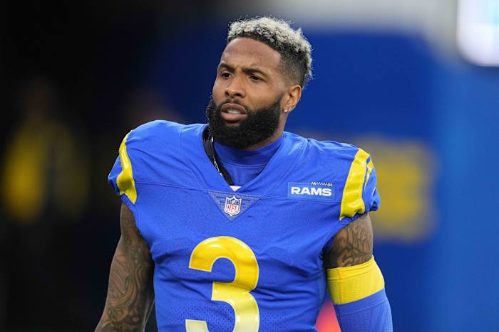 Jan 17, 2022; Inglewood, California, USA; Los Angeles Rams wide receiver Odell Beckham Jr. (3) reacts before a NFC Wild Card playoff football game against the Arizona Cardinals at SoFi Stadium. Mandatory Credit: Kirby Lee-USA TODAY Sports
